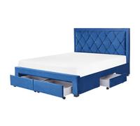Beliani Bed With Storage Drawers Velvet Lievin 160 X 200 Cm Eu King Size Navy Blue, Blue