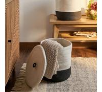 Beliani Boho Accessories Set Of 2 Grey And White Cotton Laundry Bins With Lids, Medium Round Storage Baskets