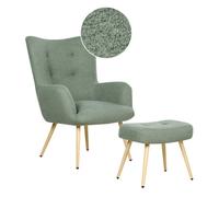Beliani Boucle Wingback Chair With Footstool Light Green Vejle Ii