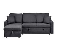 Corner Sofa Bed 3 Seater NASSJO Faux Linen Black Left Hand
