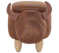 Beliani Cow Stool With Storage - Brown Faux Leather, Rubberwood Legs, Compact Nursery Pouffe