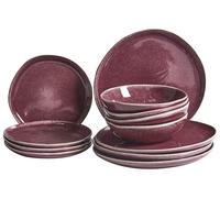 Set of 12 Pieces Dinnerware Stoneware Kaolin Handmade Reactive Glaze Finish Burgundy Hops