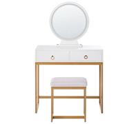Beliani Dressing Table White Gold Mdf With Led Mirror, 4 Drawers, Matching Stool