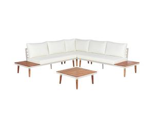 Beliani Garden Corner Sofa With Table 5 Seater Corato Acacia Wood Off-White