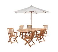 Beliani Garden Dining Set 6 Seater Maui Ii Light Brown Acacia Wood With Parasol (12 Options)