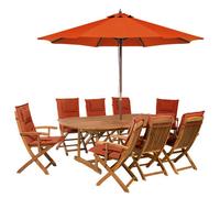 Beliani Garden Dining Set 8 Seater Maui With Parasol Acacia Wood Dark Red, Red
