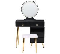 Beliani Glam Design Dressing Table Black And Gold Mdf, 6 Drawers, Led Mirror, Stool