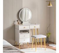 Beliani Glam Design Dressing Table White With Gold Trim, Led Mirror And 6 Drawers - W98 X D38 X H133Cm