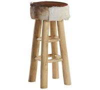 Beliani Heritage Bar Stool - Lambskin Leather Seat, Teak Wood Legs, Rustic Boho Tall Stool (W40 X D40 X H80Cm)