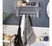 Beliani Heritage Home Distressed White Iron Wall Shelf With 5 Hooks, 42 X 47 Cm
