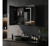 Beliani Home 60 X 60Cm Black Glass And Wood Led Bathroom Mirror Cabinet With Hidden Shelves And Modern Design