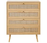 Beliani Light Brown 4-Drawer Chest With Rattan Fronts, Compact Boho Sideboard