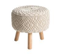 Beliani Macramé Beige Footstool With Eucalyptus Legs 40 X 40 X 44 Cm