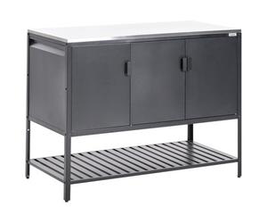 Beliani Maenza 120Cm Outdoor Kitchen Cabinet Black Steel Bbq Storage Unit With Stainless Steel Top, 3 Doors & Open Shelf