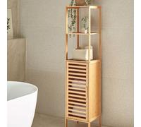 Beliani Minimalist Bathroom Shelving Unit With Door Light Brown - Tall Wall-Mounted Bamboo Shelf