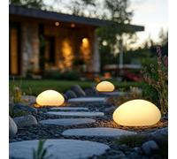 Beliani Outdoor Stone-Shaped Solar Led Floor Lamps Set Of 3 With Remote Control Ip54 Waterproof