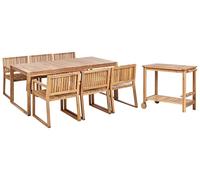 Beliani Rustic 6 Seater Garden Certified Acacia Wood Dining Set Table Chairs with Trolley Sassari II
