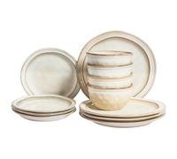Beliani Set Of 12 Dinnerware Chives Stoneware Light Beige