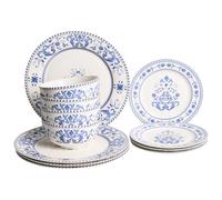 Beliani Set Of 12 Dinnerware Galangal Porcelain White/ Blue