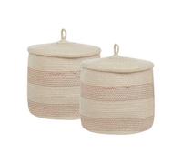 Beliani Set Of 2 Beige-Pink Striped Cotton Lidded Storage Baskets, Medium.