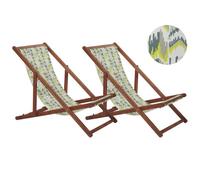 Beliani Set of 2 Acacia Folding Deck Chairs and 2 Replacement Fabrics Dark Wood with Off-White / Yellow and Grey Pattern ANZIO