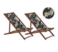 Beliani Set of 2 Acacia Folding Deck Chairs and 2 Replacement Fabrics Dark Wood with Off-White / Animal Pattern ANZIO