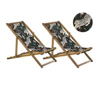 Beliani Set of 2 Acacia Folding Deck Chairs and 2 Replacement Beliani Fabrics / Animal Pattern ANZIO, Black