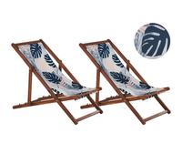 Beliani Set of 2 Acacia Folding Deck Chairs and 2 Replacement Fabrics Dark Wood with Off-White / Blue Palm Leaves Pattern ANZIO, Blue