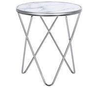 Beliani Side Table MERIDIAN Tempered Glass Marble/ Silver, White