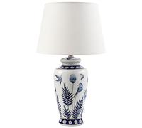 Beliani Table Lamp Porcelain Base Drum Linen White Fabric Shade E27 Living Room Bedroom, BIJELA