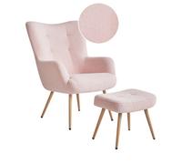 Beliani Wingback Chair Vejle With Footstool Boucle Pastel Pink