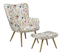 Beliani Wingback Chair With Footstool Floral Pattern Cream Vejle Ii