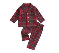 BeliBacca 1-7Y Kids Fall Winter Cotton Pajamas Set Plaid Print Lapel Neck Long Sleeve Button Shirt Lounge Pants Set 2pcs Baby Boy Girl Christmas Pjs Sleepwear (Dark Red, 6-12 Months)