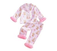 BeliBacca 1-8 Years Baby Girls Easter Satin Pajama Sets Bow Rabbit Print Furry Cuffs Long Sleeve Button Down Shirt Long Pants Set 2pcs Toddler Girl Kids Silky Easter Sleepwear (Pink, 3-4 Years)