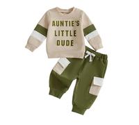 BeliBacca Aunties Little Dude Baby Boy Fall Outfits Contrast Color Letter Print Lond Sleeve Pullover Pockets Long Pants Set 2pcs Sweatsuit Spring Clothes (Green, 12-18 Months)