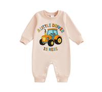 BeliBacca Baby Boy Fall Spring Clothes Infant Crew Neck Tractor Embroidery Long Sleeve Romper a Little Driver Is Here Jumpsuit Toddler Boy One Piece Cute Outfits (Beige, 6-12 Months)