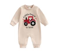 BeliBacca Baby Boy Fall Spring Clothes Infant Crew Neck Tractor Embroidery Long Sleeve Romper a Little Driver Is Here Jumpsuit Toddler Boy One Piece Cute Outfits (Red, 6-12 Months)