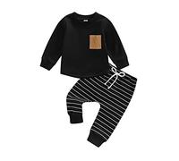 BeliBacca Baby Boy Fall Spring Outfits Long Sleeve Pocket Sweatshirt Striped Drawstring Long Pants Set 2pcs Toddler Boy Tracksuits (Black, 0-6 Months)