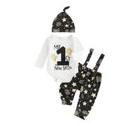 BeliBacca Baby Boy Girl My First New Year Outfits Newborn Long Sleeve Letter Fireworks Romper Pants Hats Set 3pcs Baby Fall Winter Outfits Festival Suit (White, 6-9 Months)