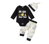 BeliBacca Baby Boy Girl My First New Year Outfits Newborn Long Sleeve Letter Fireworks Romper Pants Hats Set 3pcs Baby Fall Winter Outfits Festival Suit (Black, 6-9 Months)