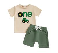 BeliBacca Baby Boy Summer Clothes My First Birthday Boy Outfits Tractor Embroidery Short Sleeve Tee Shirts Elastic Shorts Set Infants Farm Outfits (Green One, 6-12 Months)