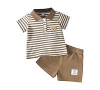 BeliBacca Baby Boy Summer Clothes Stripe Print Bear Embroidery Short Sleeve Button Lapel Shirt Top Solid Shorts Set 2pcs Infant Toddler Outfits (Khaki, 12-18 Months)