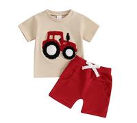 BeliBacca Baby Boy Summer Clothes Tractor Embroidery Short Sleeve Crop Shirt Tops Drawstring Shorts Set Infant Toddler Boy 2pcs Truck Outfits (Red, 18-24 Months)