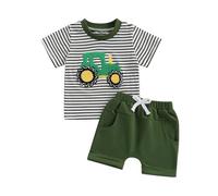BeliBacca Baby Boy Summer Clothes Tractor Embroidery Short Sleeve Crop Shirt Tops Drawstring Shorts Set Infant Toddler Boy 2pcs Truck Outfits (Army Green, 3-4T)