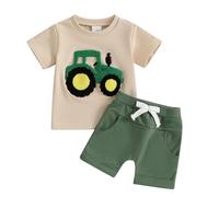 BeliBacca Baby Boy Summer Clothes Tractor Embroidery Short Sleeve Crop Shirt Tops Drawstring Shorts Set Infant Toddler Boy 2pcs Truck Outfits (Beige, 12-18 Months)