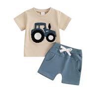 BeliBacca Baby Boy Summer Clothes Tractor Embroidery Short Sleeve Crop Shirt Tops Drawstring Shorts Set Infant Toddler Boy 2pcs Truck Outfits (Blue, 12-18 Months)