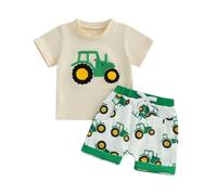BeliBacca Baby Boy Summer Clothes Tractor Embroidery Short Sleeve Crop Shirt Tops Drawstring Shorts Set Infant Toddler Boy 2pcs Truck Outfits (Bright Green, 6-12 Months)