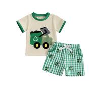 BeliBacca Baby Boy Summer Clothes Tractor Embroidery Short Sleeve Crop Shirt Tops Drawstring Shorts Set Infant Toddler Boy 2pcs Truck Outfits (Plaid Green, 2-3T)
