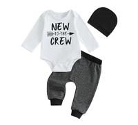 BeliBacca Baby Boys Spring Fall Outfit New to the Crew Long Sleeve Romper Top Trouser Hat Set Newborn Infant Clothes Set (White, 6-12 Months)
