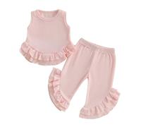 BeliBacca Baby Girls Summer Waffle Outfits Solid Color Sleeveless Crew Neck Ruffle Hem Tank Top Elastic Flare Pants Set 2pcs Toddler Kids Girl Clothes (Pink, 18-24 Months)